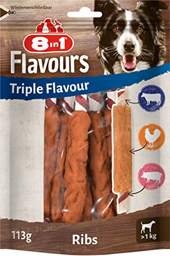 8in1 Triple Flavour Ribs Kaustangen für Hunde - Kausnacks mit extra viel Fleisch, 113g Beutel (ca. 6 Stück)