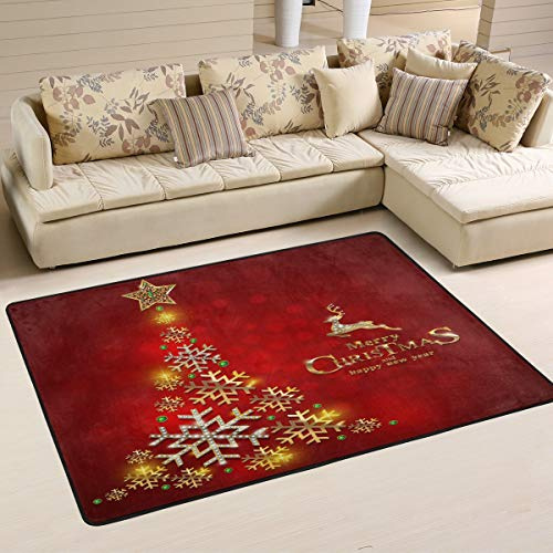 Mnsruu Weihnachts-Teppich mit Schneeflocke, Hirsch, Baum, Rot, für Wohnzimmer, Schlafzimmer, 91 cm x 61 cm