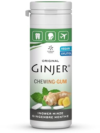 Chewing-gums au gingembre menthe et xylitol Ginjer® – Lemon Pharma – Sans sucre, aspartame et gluten – Édulcoré avec du stévia et du xylitol – Boite de 30 g – environ 20 pièces