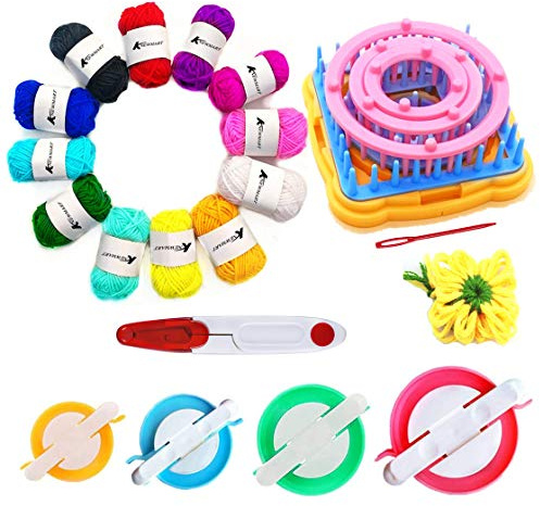 Knewmart Flower Loom Kit, Loomgerät 8pcs Flower Maker Wolle Stricken Ball Maker Webwerkzeuge Stricken Craft Weaver Webstuhl - mit Nadel (Strickrahmen + Pom Maker + Garn + Schere)