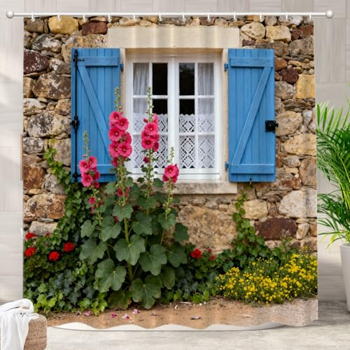 Batmerry Europäische Blumen Landschaft Garten Dekoration Duschvorhang Altes Fenster mit offenen dunkelblauen Fensterläden Dekor Duschvorhang für Duschkabine Badezimmer Wasserdicht von StandardgröÃŸe