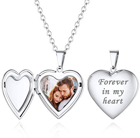 Custom4U Forever in My Heart Locket Engraved Photo Pendant Necklace for Women Girlfriend Mum