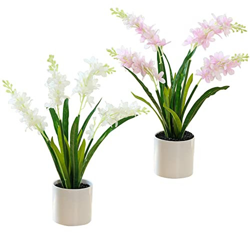 Flikool 2pcs Hyazinthe Kunstblumen im Plastiktopf Narzissen Topfpflanze Künstlich Blumen in Topf Narzisse Künstliche Pflanzen Gefälschte Kunstpflanzen Künstlicher Bonsai in Töpfen Deko - Weiß+Pink