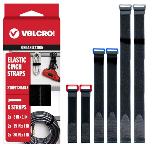 VELCRO Brand VEL-30794-AMS Elastic Cinch Straps with Buckle | 6pc Variety Pack 8-15-30| Stretchable to Snugly Fasten Power Cords, Lumber, Bicycles, Sleeping Bags, Outdoor Umbrellas, More | Black