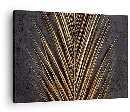 ARTTOR Bilder auf Leinwand 70x50cm Wandbild Botanik Blumen - 5091 | Blatt Golden Schwarz Klein Wanddekoration Wohnzimmer Schlafzimmer Küche Wanddeko Wand Kunstdruck Wandkunst Wall Decor ARTTOR