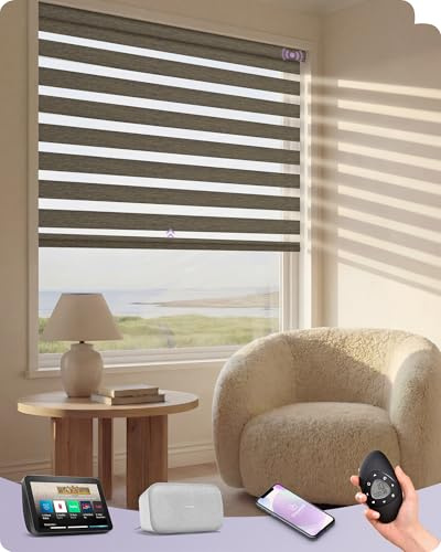 Graywind Wool-Touch Motorised Zebra Blinds, Dimout Dual-Layer Faux Wool Weave, Custom Electric Smart Day Night Blinds with Rechargeable Motor, Room Darkening, Works with Alexa Google, Black Gold
