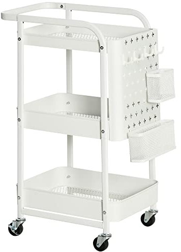HOMCOM Servierwagen mit 3 Ebenen Küchenwagen mit Rollen Griff Rollwagen mit Haken und Korb, Küchenregal, Allzweckwagen für Küche Büro Badezimmer, Weiß