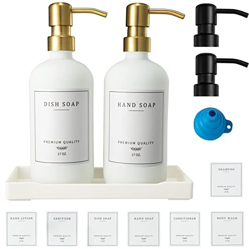 Glass Soap Dispenser for Kitchen, Farmhouse Kitchen Dish Soap Dispenser&Hand Soap Dispenser Set, Rustproof Pump Soap Lotion Dispenser Bathroom with Tray, Waterproof Label for Decor(White