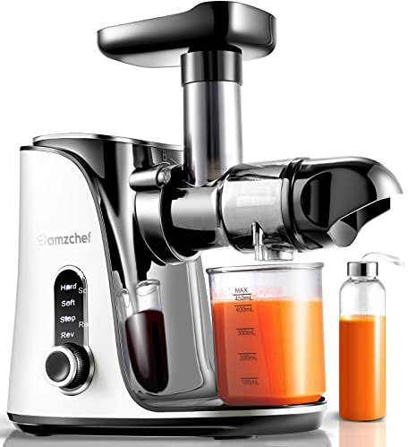 AMZCHEF Cold Press Juicer with 2 Speed Control - High Juice Yield Juicer Machines with Ultradense Filter - Masticating Slow Juicer for Whole Fruit and Vegetable - 1 Bottle and 2 Cups - Pearl White