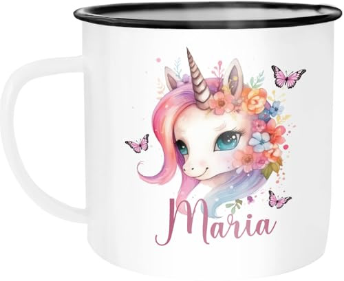 SpecialMe® Kinder-Tasse Emaille personalisiert mit Namen Einhorn Aufdruck Namenstasse individuelle Geschenke Emaille-weiss-schwarz standard