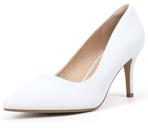 IDIFU White High Heels Pumps Closed Toe Heels Women's Pumps Stiletto Pointed Toe Dress Shoes Wedding Prom Bridal Work Office Bride Trendy Dressy Comfortable Classic Pumps Shoes(White Pu,8)