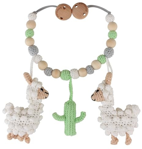 Sindibaba – Multifunktionale Kinderwagenkette Lama Luke (50cm, gehäkelt, mit Rasseln) Bio – Nachhaltiges Babyspielzeug mit weichen Häkel-Stofftieren zum Aufhängen am Kinderwagen und Bettchen