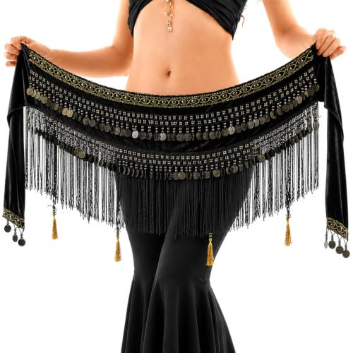 Baisdan Bauchtanz-Hüftschal, Tribal-Bauchtanz-Gürtelrock mit Quaste, Fransen, Münzen, Flanell-Schal, Wickelgürtel für Damen und Mädchen, Schwarz , Einheitsgröße