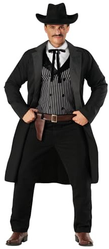 Morph Cowboy Kostym Herr Vuxen Wild West Outfit med Lång Svart Jacka, Randig Väst, Cowboyhatt & Två Hölstrar