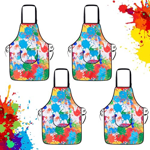 Malschürze Kinder Verstellbare - 4stück Schürze Kinder Schule Malschürzen Set Graffiti Malschürze Malerkittel Kind 6-8 Jahre mit Taschen Wiederverwendbare Bastelschürzen für Basteln Malen Schule Kunst