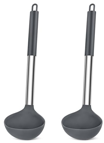 HaWare Suppenkelle, 2 Stück Silikon Schöpflöffel Set, 30cm Schöpfkelle mit Edelstahlgriff, Groß Soßenkelle zum Servieren und Schöpfen von Suppen & Eintöpfen, Hitzebeständiger & Spülmaschinenfest, Grau