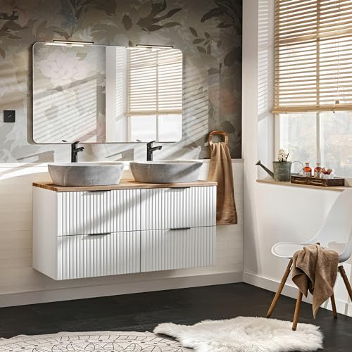 Muebles Slavic Mobile da bagno sospeso Set di 2 lavabi 3 maniglie Colori Bianco 120cm - Mobile bagno