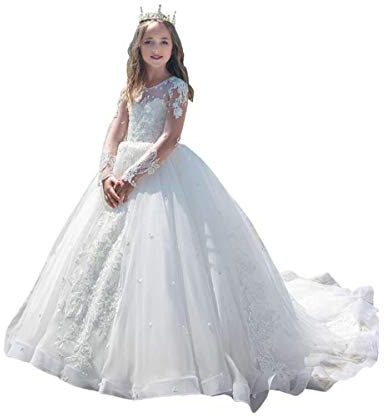 Vestidos blancos de niña de las flores para boda, vestido de concurso para niñas, mangas largas, vestidos de gala blancos para comunión, blanco, 11-12 años