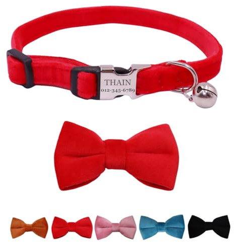 THAIN Personalisiertes Katzenhalsband aus Samt mit Namen, Kätzchenhalsbänder mit Glöckchen und Fliege (Rot)
