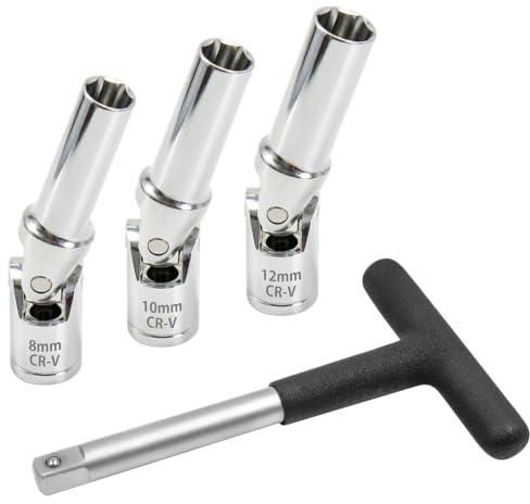 JEUCLEL Juego de 4 enchufes de bujía incandescente con barra en T de 3/8 pulgadas, juntas universales (8 mm, 10 mm, 12 mm), herramienta de extracción de bujías de incandescencia rotas, kit extractor