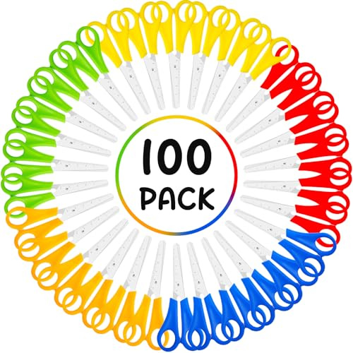 Dyrfolm 100 Pack Kids Scissors, 5 Inch Blunt Tip, Stainless Steel, Multicolor, Ambidextrous, Modern, Contemporary