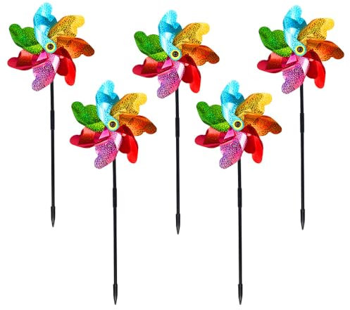 ZONADAH Lot de 5 moulins à vent réfléchissants pour répulsifs anti-oiseaux - Épouvantails colorés - Le vent éloigne les oiseaux de la pelouse, du jardin, du verger et de la ferme