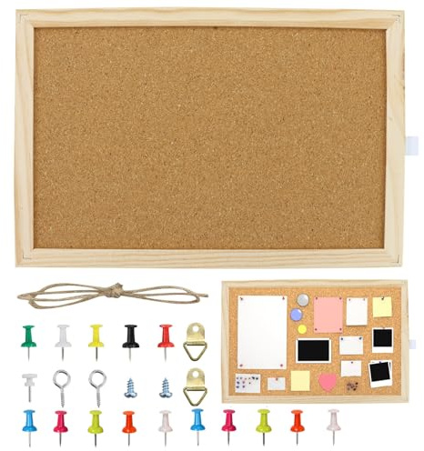 1 anslagstavla av kork 20 x 30 cm, anslagstavla med träram – liten kork whiteboard med fästmaterial och stift, korkbräda, inkl. 10 st blandade färghäftstift
