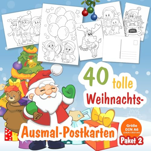 40 DIY Weihnachts Postkarten zum Ausmalen, für Kinder, unterschiedliche | Motive, Geeignet für Nikolaus, Weihnachten, Advent und Festtage (Größe je Karte Din A6 ) Set 2