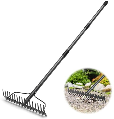 Starbover Râteau d'arc avec 17 dents, râteau de jardin en métal robuste de 123 cm, râteau à feuilles large avec tête large pour terre, feuilles et gravier, gris
