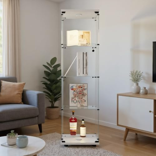 LED-glasfönster, glasskyltskåp med 1 dörr 4 våningar glasmonter skåp skåp skåp glas med lås stående skyltfönster bar vardagsrum (vit, 1 dörr med 4 lager LED)