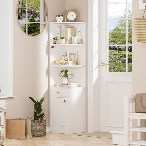 CHOWGOLI Bücherregal Weiß, Modernes Eckregal Stehend mit Aufbewahrung, 3 Offene Regale Eck-Bücherschrank mit 1 Schublade und 1 Schrank mit Türen, Aufbewahrungsregal für Eckraum, 38x38x161cm