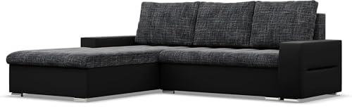 Mebligo - Ecksofa mit Schlaffunktion und Bettkasten Aurora, Eckcouch mit Ottomane Links, Sofa L Form (BxTxH) 243 x 200 x 92 cm, Couch Wohnzimmer, Ecke Sofa, Dunkelgrau + Schwarz (Samt und Kunstleder)