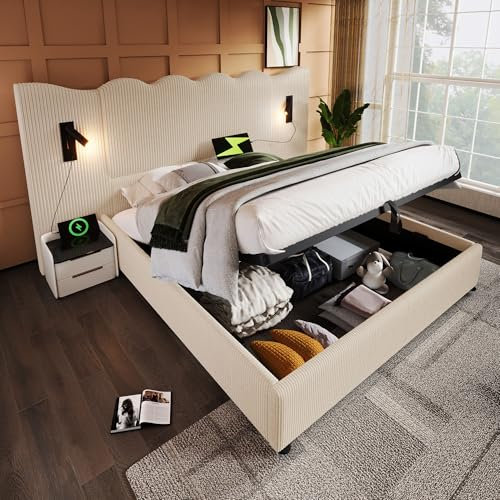 Polsterbett Doppelbett 180×200 mit Leselampe und USB Type-C Ladefunktion, Stauraumbett Bettgestell mit Lattenrost aus Massivholz und Metall, Beige-Weiß, Cordstoff (Ohne Matratze)