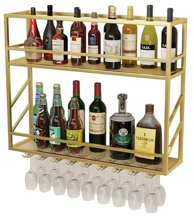 Schwebendes Weinregal Zur Wandmontage Mit Hängendem Weinglashalter, Anzeige Und Aufbewahrung Von Spirituosenflaschen Für Die Hausbar, Esszimmer, Küche, An Der Wand Montierter Barschrank, Gold, 100 Cm