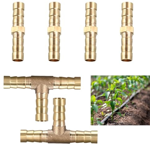 6pcs 8mm Brass Barb Hose Fittings, 4×Straight Connectors & 2×3 Way T-Type Fuel Hose Barb Connectors, Garden Hose Barb Splitter, Suitable for Water, Gas, Air, Fuel