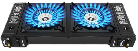 MEELRYD Fornello a gas da campeggio, a 2 luci, portatile, per campeggio, picnic, colore nero