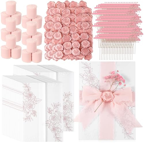 Fullhawl 100 Sets Wedding Invitations Wraps Set Pre Folded Vellum Jackets for 5 x 7 Invitations Dried Flowers Wax Seal Stickers Chiffon Silk Ribbon for Wedding Birthday Bridal Shower Craft DIY (Pink)