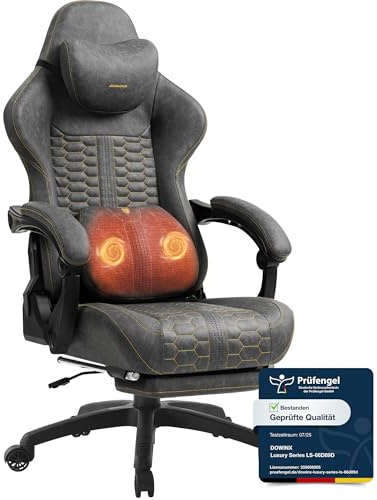 Dowinx Gaming Stuhl Big and Tall mit Massage Lendenstütze, Gamer Stuhl mit Fußstütze, Ergonomischer Computerstuhl, PU Leder, 180 kg, Grau