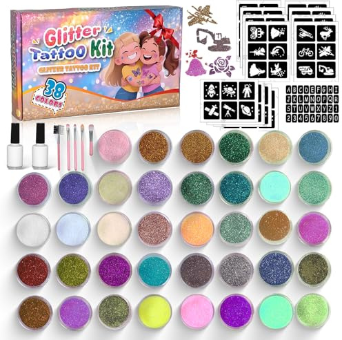 Glitzer Tattoo Set Kinder, SNYZPN 38 Farben Temporäre Glitzertattoos Kinder Set, 189 Schablonen, 5 Pinsel, 2 Kleber, für geeignetfürKarneval, Mädchen und Jungen Geburtstag Party Weihnachten