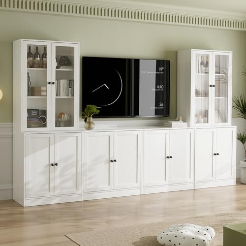 VOWNER 4PSC Großer TV-Schrank mit Bücherregalen für Fernseher bis zu 70 Zoll, 280 cm Long TV Ständer mit Gehärteten Glastüren und Einlegeböden, Fernsehschrank für Wohnzimmer, 2B+2E (Weiß)