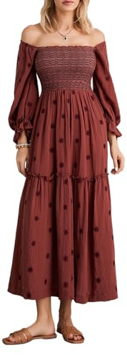 Himllauen Women Casual Long Dress 3D Embroidered Flowers Square Neck Puff Sleeve Dress Fashion A line Dress Streetwear for Lady (Brown, M)