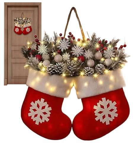 Christmas Wreath - Front Door Artificial Garland With Faux Pine Branches,Red Berries And Frosted Pinecones | Glittering Christmas Glove Wreath For Home Wall Decor