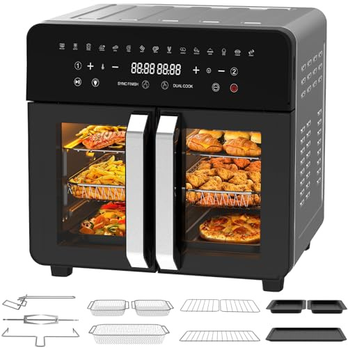 Dewelling Air Fryer Dual Zone 23L – XXL Friteuse à Air avec séparateur amovible, Friteuse sans huile avec portes French Door, 15 programmes, Grande fenêtre, 5 ensembles d’accessoires, Livre de recette
