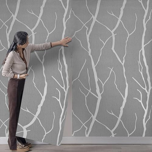 Takezuaa Silver Grey Wallpaper Glitter Textured 3D Effect Embossed Wallpapers Striped Branch Glitter Wall Paper Roll Modern Feature for Living Room Bedroom Hallway Kitchen Front Room