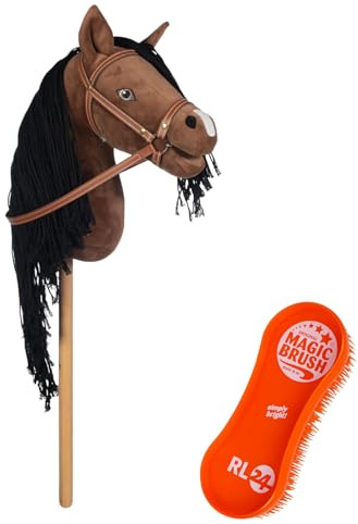 RL24 - Hobby Horse Pferde Mini von HKM Kids inkl. MagicBrush Edition – Steckenpferd – Spielpferd mit Holzstock, Mähne & Trense – Stockpferd ohne Griffe & Rollen – braun