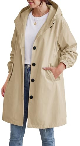 CMTOP Trench Donna Lungo con Cappuccio Elegante Monopetto Cappotto Leggero Antivento Giacca Primavera e Autunno Trenchoat Windbreaker Giacche con Tasche
