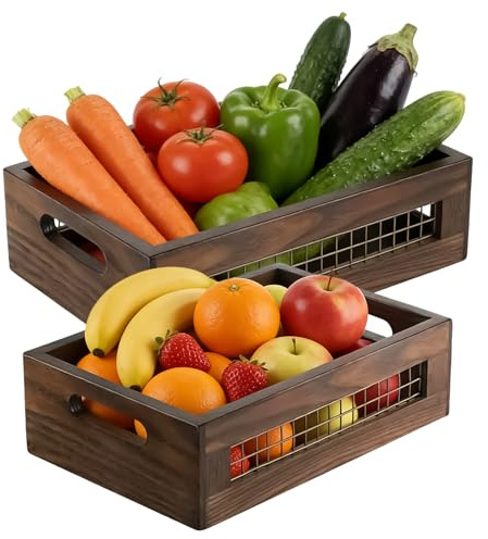 Cesto di frutta in legno, rustico, per organizzare prodotti freschi, per esporre la casa con design a flusso d'aria aperto, cestini da appoggio in legno per mensola da bagno e fattoria, 2 pezzi