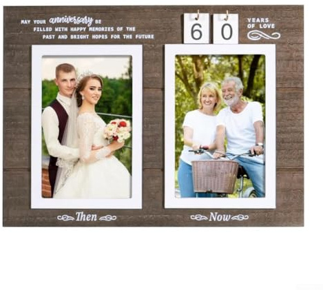 Cornice doppia per anniversario con design For Then & now, con fessure per foto da 10 x 15 cm, per celebrare traguardi da 1 a 99 anni con citazione significativa su legno