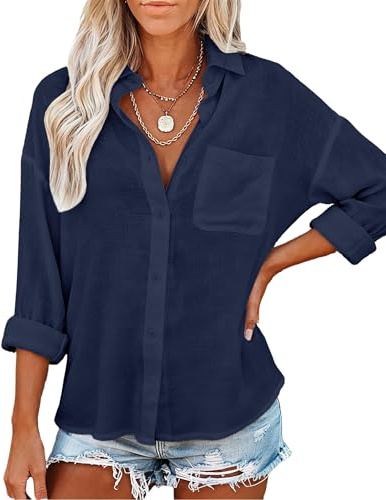 Womens Button Down Shirts with Pockets Long Sleeve Linen Feel Cotton Casual Blouses Loose Fit Summer Tops Navy Blue