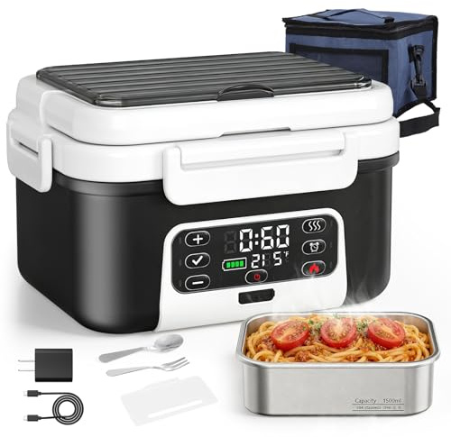 Fiambrera Eléctrica con Batería, 1,5L Taper Eléctrico para Comida Portátil, Tupper Calentador para Comida con 6 Modos de Calentamiento & Temporizador 24H, caja de almuerzo con calefacción programable